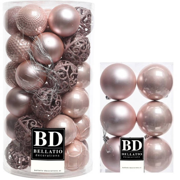 43x stuks kunststof kerstballen lichtroze (blush pink) 6 en 8 cm glans/mat/glitter mix - Kerstbal