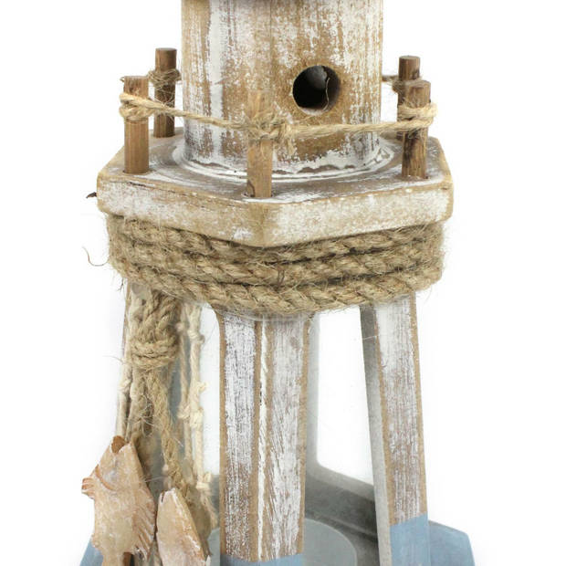 Maritieme decoratie beeldje Vuurtoren theelichthouder - Hout - 21 cm - blauw/wit - Beeldjes