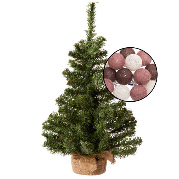 Mini kerstboom groen met verlichting - in jute zak - H60 cm - kleur mix rood - Kunstkerstboom