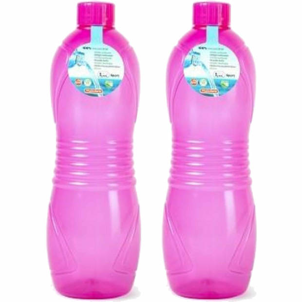 Plasticforte Drinkfles/waterfles/bidon - 2x - 1000 ml - transparant/roze - kunststof - Drinkflessen