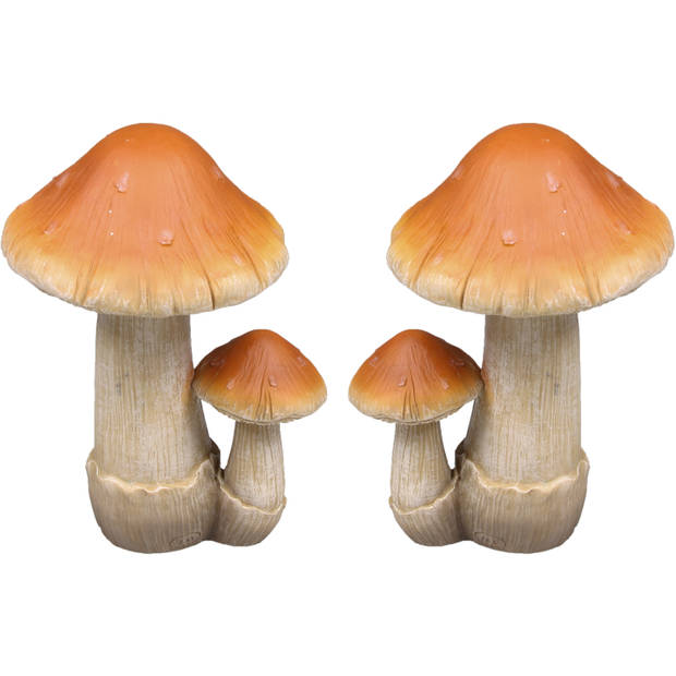 Decoratie huis/tuin beeldje paddenstoel - 2x - boleet - bruin/wit - 8 x 13 cm - Tuinbeelden