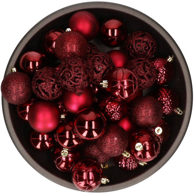 37x stuks kunststof kerstballen donkerrood (oxblood) 6 cm glans/mat/glitter mix - Kerstbal