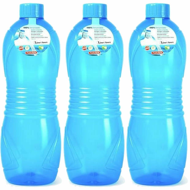 Plasticforte Drinkfles/waterfles/bidon - 3x - 1000 ml - transparant/blauw - kunststof - Drinkflessen