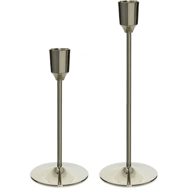 Luxe dinerkaarsen kandelaars set 2x stuks aluminium 15 en 20 cm zilver - kaars kandelaars