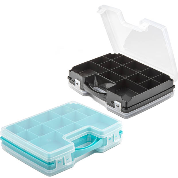 Forte Plastics - 4x Opberg vakjes doos/Sorteerbox - 21-vaks kunststof - 28 x 21 x 6 cm - zwart/blauw - Opbergbox