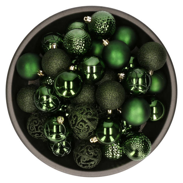 37x stuks kunststof kerstballen donkergroen 6 cm glans/mat/glitter mix - Kerstbal