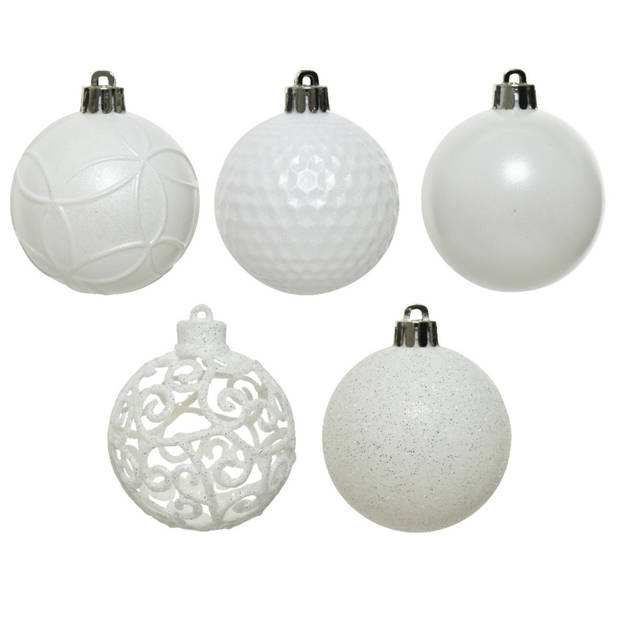 37x stuks kunststof kerstballen wit 6 cm glans/mat/glitter mix - Kerstbal