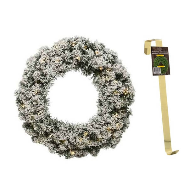 Groen/witte led kerstkrans 50 cm Imperial met kunstsneeuw en met gouden hanger - Kerstkransen