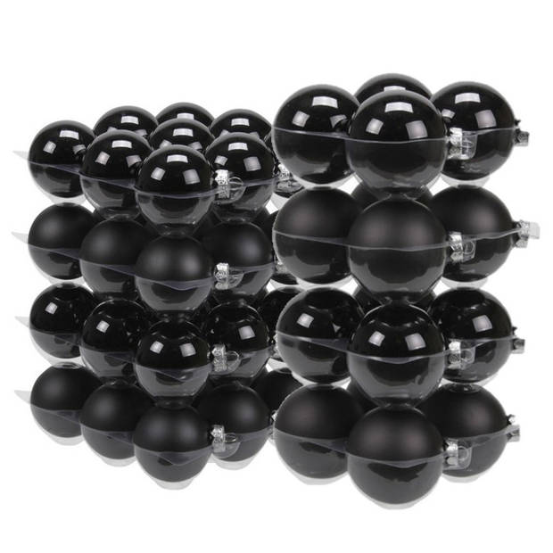 52x stuks glazen kerstballen zwart 6 en 8 cm mat/glans - Kerstbal