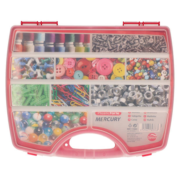 Plasticforte opbergkoffertje/opbergdoos/sorteerbox - 13-vaks - kunststof - fuchsia roze - 25 x 21 x 4 cm - Opbergbox