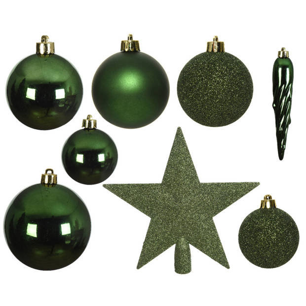 70x stuks kunststof kerstballen met ster piek donkergroen mix - Kerstbal