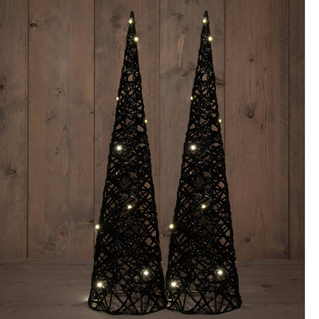 Anna Collection LED piramide kerstboom - 2x - H60 cm -zwart -kunststof - kerstverlichting figuur