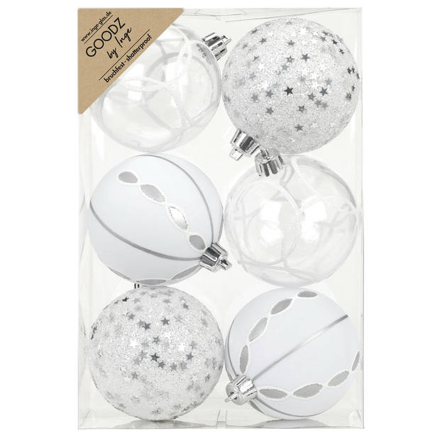 Inge Christmas Goodz kerstballen -12x st- 8 cm -kunststof - zilver/wit - Kerstbal