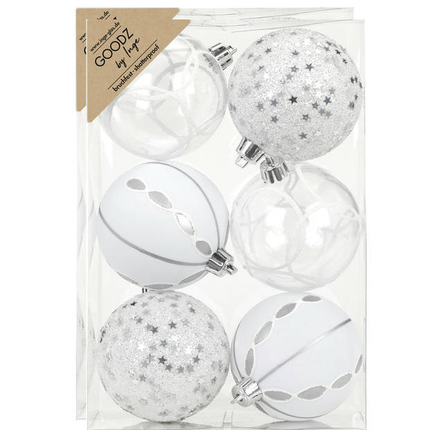 Inge Christmas Goodz kerstballen -12x st- 8 cm -kunststof - zilver/wit - Kerstbal