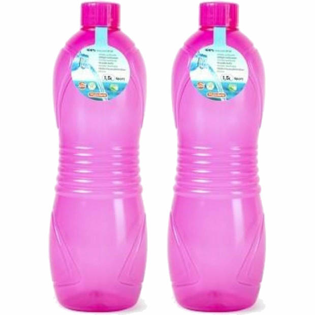 Plasticforte Drinkfles/waterfles/bidon - 2x - 1500 ml - transparant/roze - kunststof - Drinkflessen