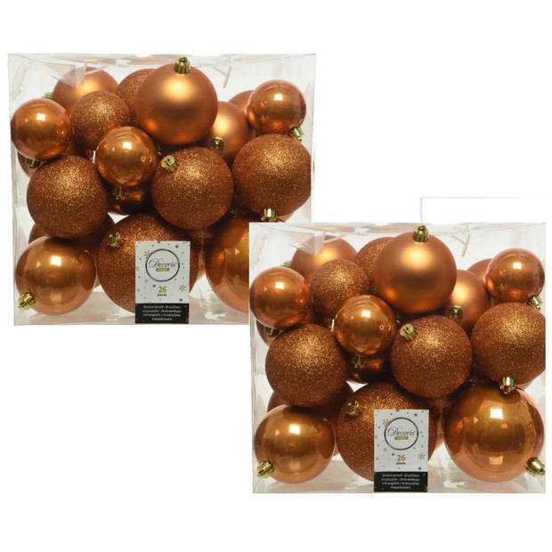 26x stuks kunststof kerstballen cognac bruin (amber) 6-8-10 cm glans/mat/glitter - Kerstbal