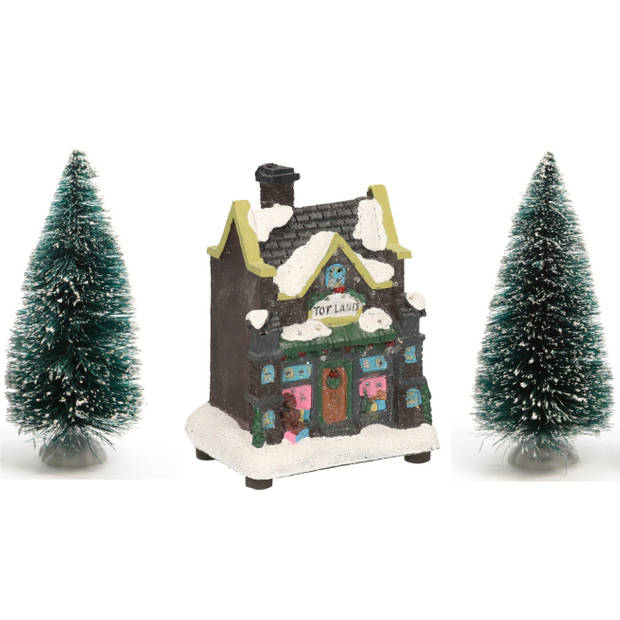 Kerstdorp verlicht kersthuisje speelgoedwinkel 12 cm inclusief 2 kerstboompjes - Kerstdorpen