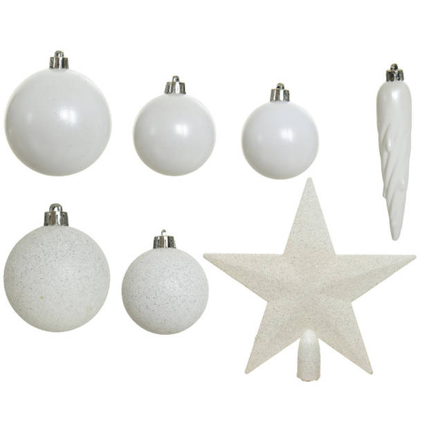 Kerstversiering kerstballen 5-6-8 cm met ster piek en sterren slingers pakket winter wit 35x stuks - Kerstbal