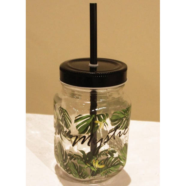 Drinkglas met handvat en deksel + rietje Mystic Jungle - 400 ml - 4 Stuks