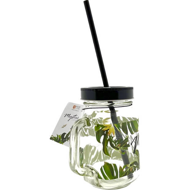 Drinkglas met handvat en deksel + rietje Mystic Jungle - 400 ml - 4 Stuks