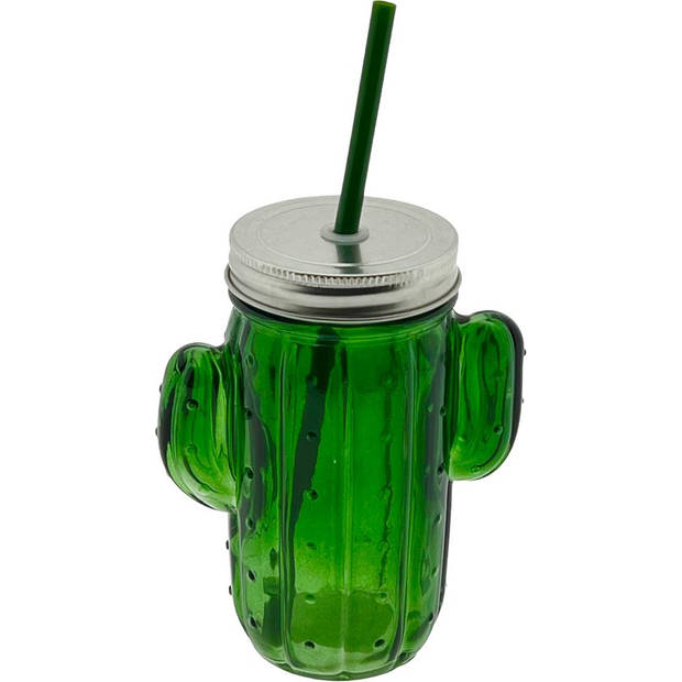 Glazen cactus drinkglas met deksel en rietje 350ml - 4 Kleuren - 4 stuks