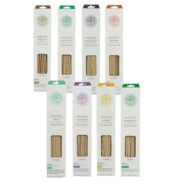 Wierook Aromatherapy - assortiment met 200 etherische wierookstokjes 8 heerlijke geuren - 8 x 25 stuks