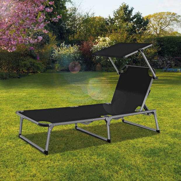 Tillvex - Aluminium ligstoel, Zwart opvouwbaar met dak tuinstoel ligbed strandstoel camping