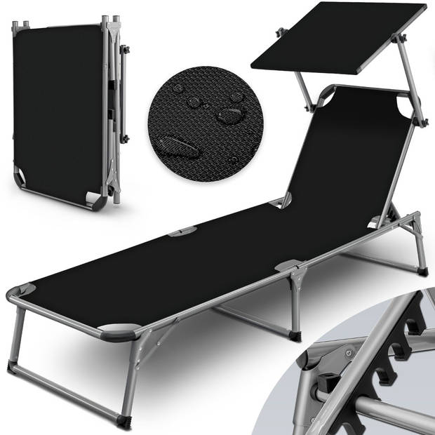 Tillvex - Aluminium ligstoel, Zwart opvouwbaar met dak tuinstoel ligbed strandstoel camping