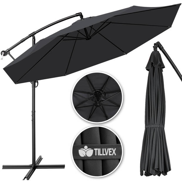 Tillvex Parasol Ø 3m antraciet-zweefparasol -hangparasol- vrijhangende parasol- tuinparasol- slinger-balkon- aluminiu...