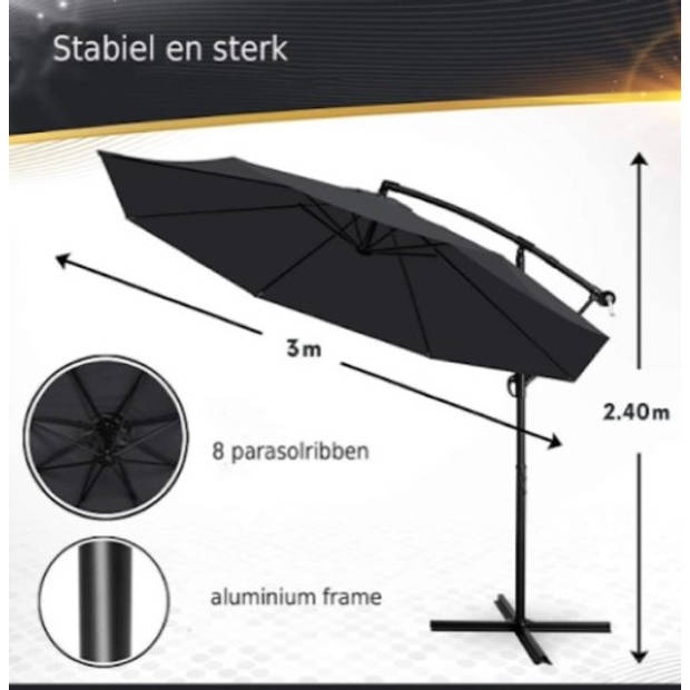 Tillvex Parasol Ø 3m antraciet-zweefparasol -hangparasol- vrijhangende parasol- tuinparasol- slinger-balkon- aluminiu...