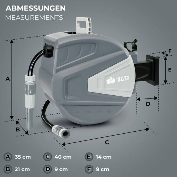 Tillvex- Slanghaspel Grijs, 20+2m, met muurbeugel, met handdouche en tuinslang, 180 graden draaibaar, wandmontage met...