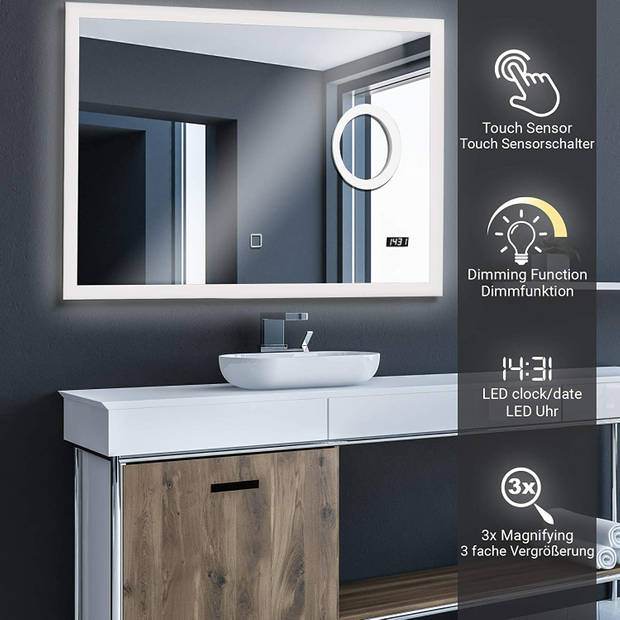 LED badkamer spiegel, dimbaar, met digitale klok, 100 x 60 cm, vergrotende make-up spiegel