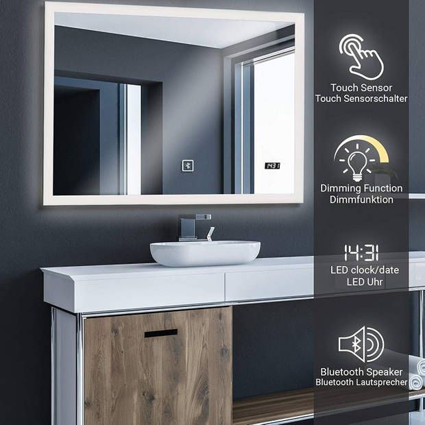 LED badkamer spiegel, dimbaar, met digitale klok, 100 x 60cm, bluetooth speaker