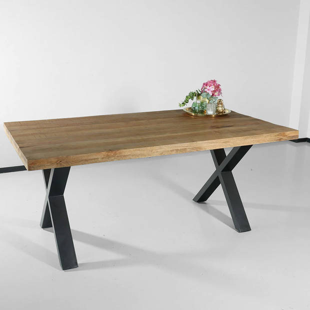 Eettafel rechthoekig mangohout Xavier lichtbruin 180cm duurzaam tafel met X-poot mango rechthoekige eetkamertafel hout