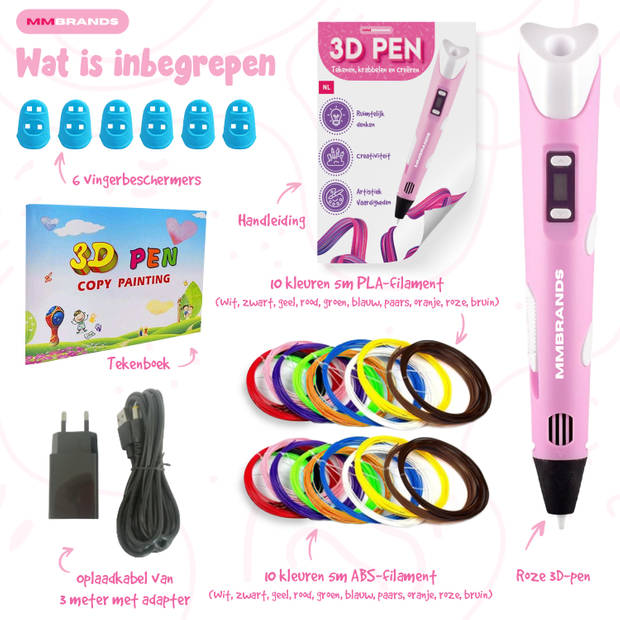 MM Brands 3D Pen Starterspakket - Inclusief 100m Filament in 10 Kleuren - Extra Lange Laadkabel - Geschikt voor ABS & PL