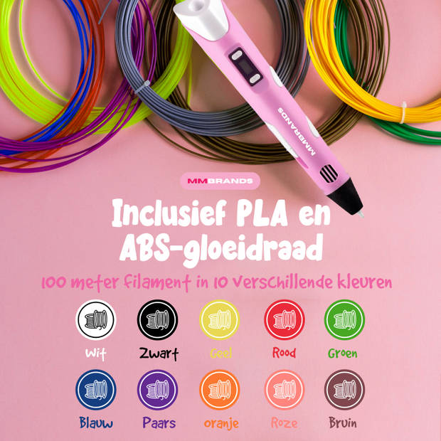 MM Brands 3D Pen Starterspakket - Inclusief 100m Filament in 10 Kleuren - Extra Lange Laadkabel - Geschikt voor ABS & PL