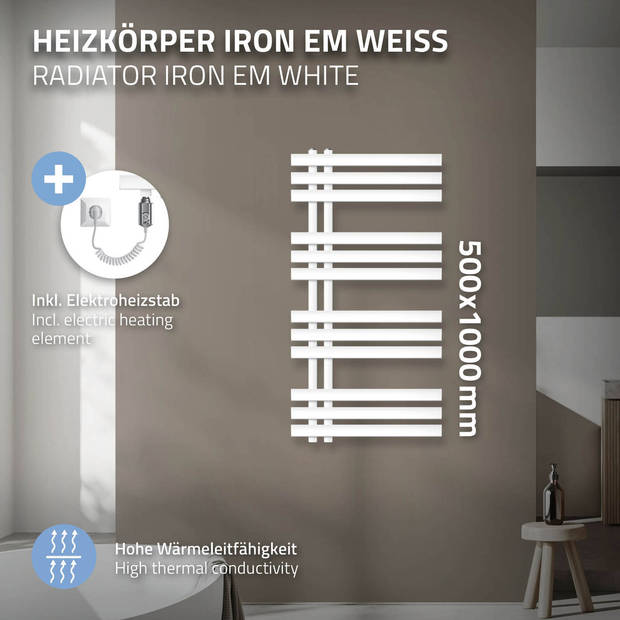 Designradiator "Iron M" met verwarmingselement 600W Wit 500 x 1000 mm