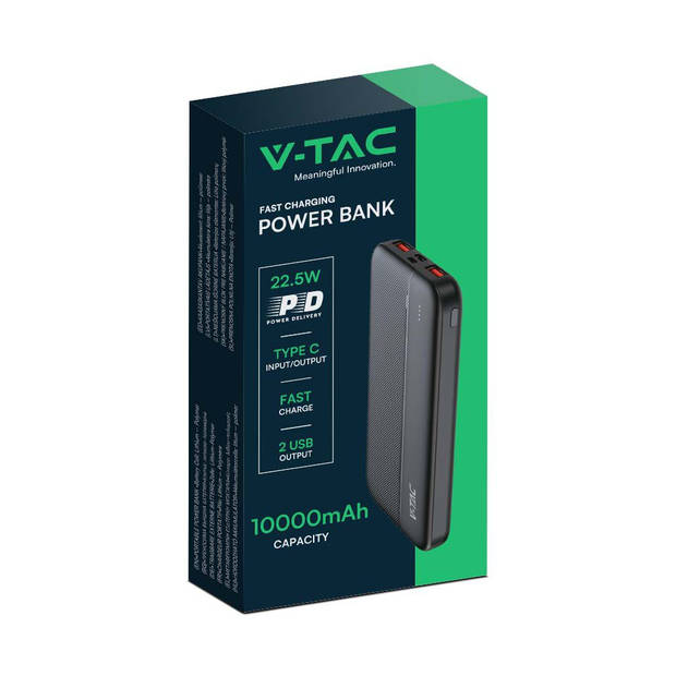 V-TAC VT-10000-B Oplaadbare Power Bank - 10000mAh - Zwart