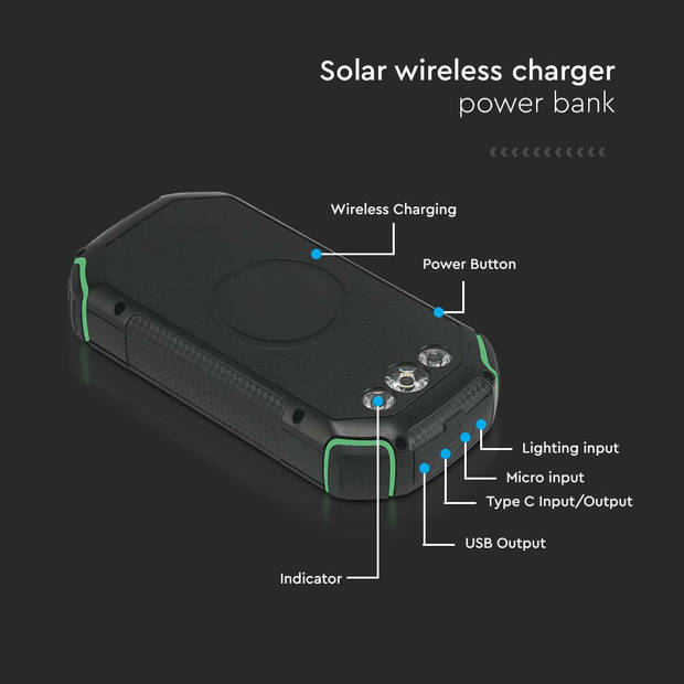 V-TAC VT-33333 Draadloze zonne-energie oplader - 30000mAh - Zwart