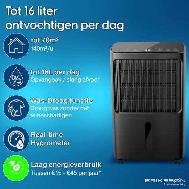 Erikssøn Luchtontvochtiger Dry Pro Plus - Zwart - Ontvochtigt Tot 16 Liter Per Dag - Woonkamer , Badkamer , Slaapkamer