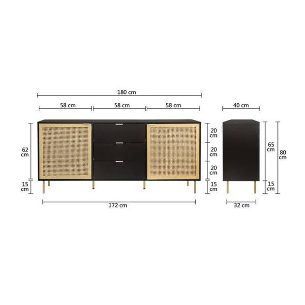HARROD dressoir - mdf met rotan gaas - 2 deuren en 3 laden - 180 x 40 x 80 cm - zwart