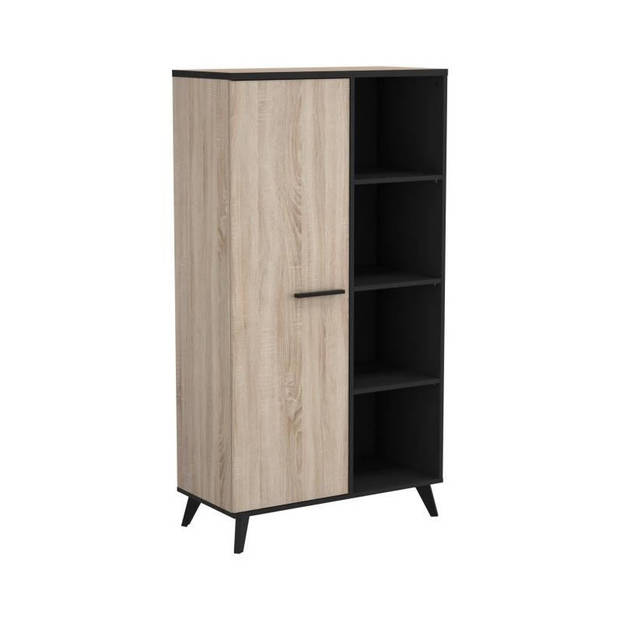 WAYNE Dressoir woonkamer set + Hoge tafel + Vitrinekast - Geborsteld eiken decor