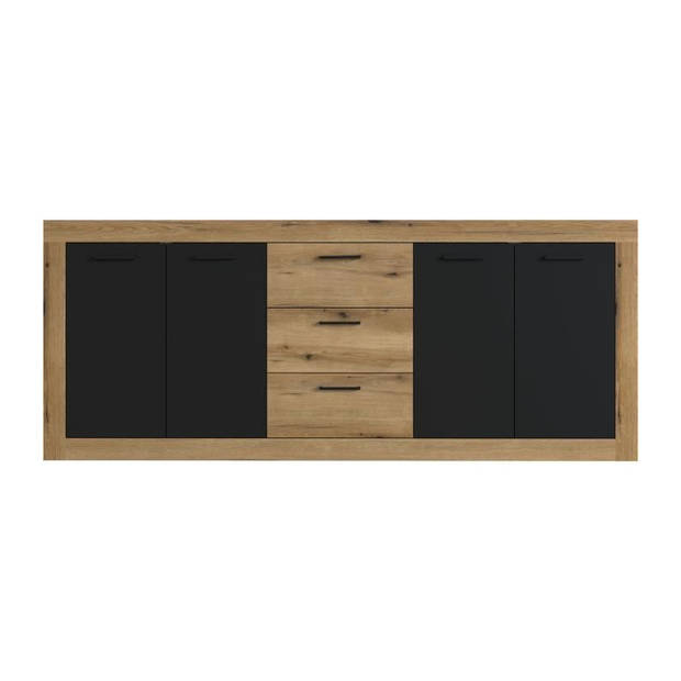 Industrieel buffet melamine chene en zwart - 4 deuren + 3 laden - industriële stijl - l 206 x d 45 x h 83,5 cm steen