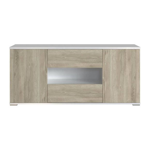 Star TV Cabinet - 2 deuren en 2 laden - Wit en eiken melamine - L 150 x D 42 x H 67 cm