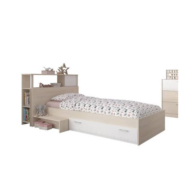 CHARLEMAGNE Set bed + hoofdeinde met opbergruimte - Eigentijdse stijl - Acacia helder en wit decor