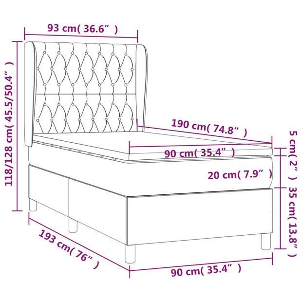 The Living Store Bed - Donkergrijs fluweel - 193 x 93 x 118/128 cm - Pocketvering matras - Middelharde ondersteuning -