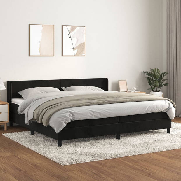 The Living Store Bed Fluweel Bed met Pocketvering Matras en Topmatras - 203 x 203 x 78/88 cm - Zwart