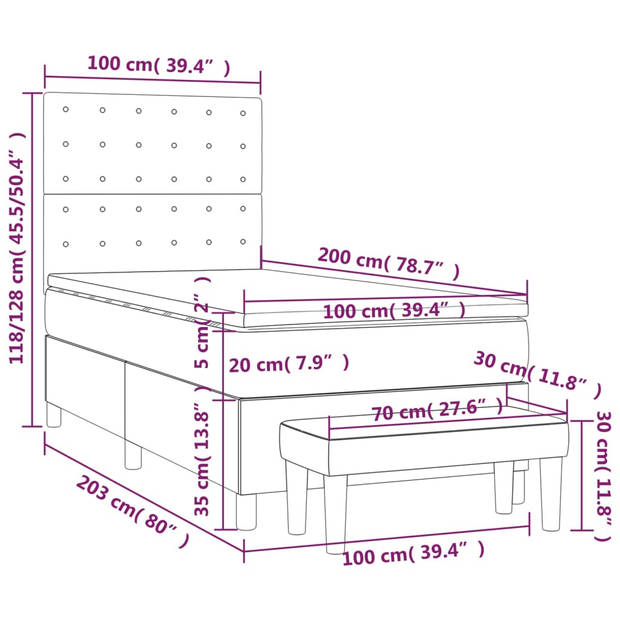 The Living Store Boxspringbed - donkergrijs - 203 x 100 x 118/128 cm - fluweel - verstelbaar hoofdbord - pocketvering