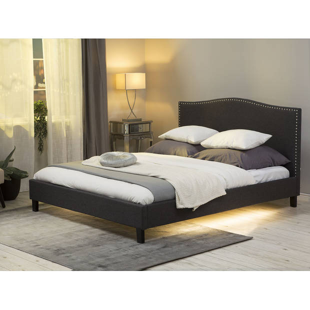 Beliani MONTPELLIER - Tweepersoonsbed met LED-verlichting-Grijs-Polyester