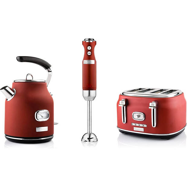 Westinghouse Retro Waterkoker + Broodrooster 4 Sleuven + Staafmixer - Rood